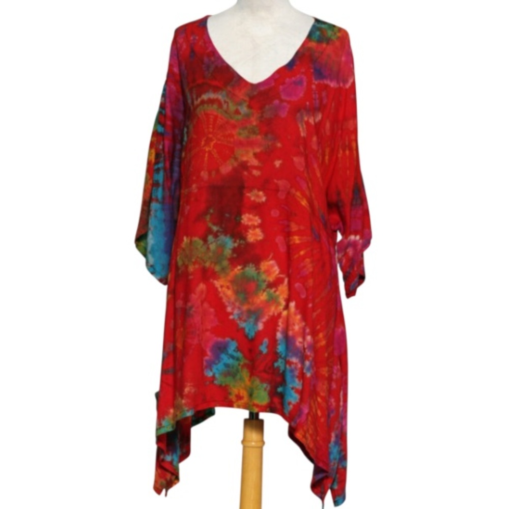 Zumi Artsy Hippie Tie Dye Oversized Shirt Flowy V Neckline 3/4 Sleeve One Size